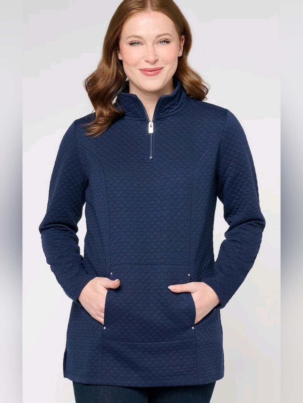 Sport Savvy Knit Jacquard Long Sleeve Quarter Zip Tunic Navy S Oversized New